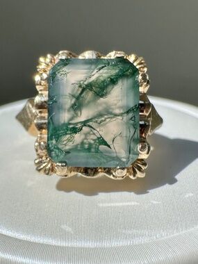 14K Gold 4.5ct Emerald Cut Moss Agate Vintage Engagement Ring Sz 4